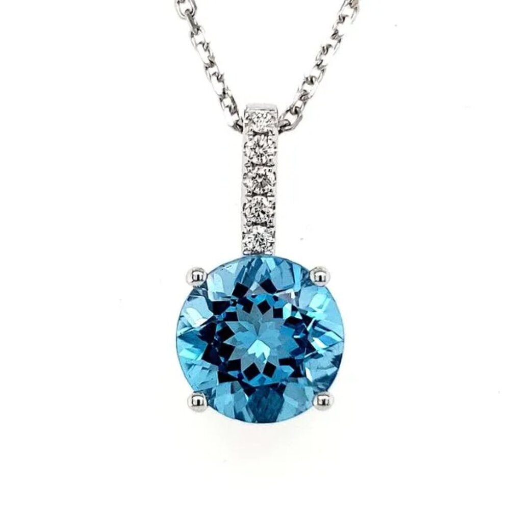 14K White Gold Blue Topaz and Diamond Pendant Necklace - Picture 2 of 5